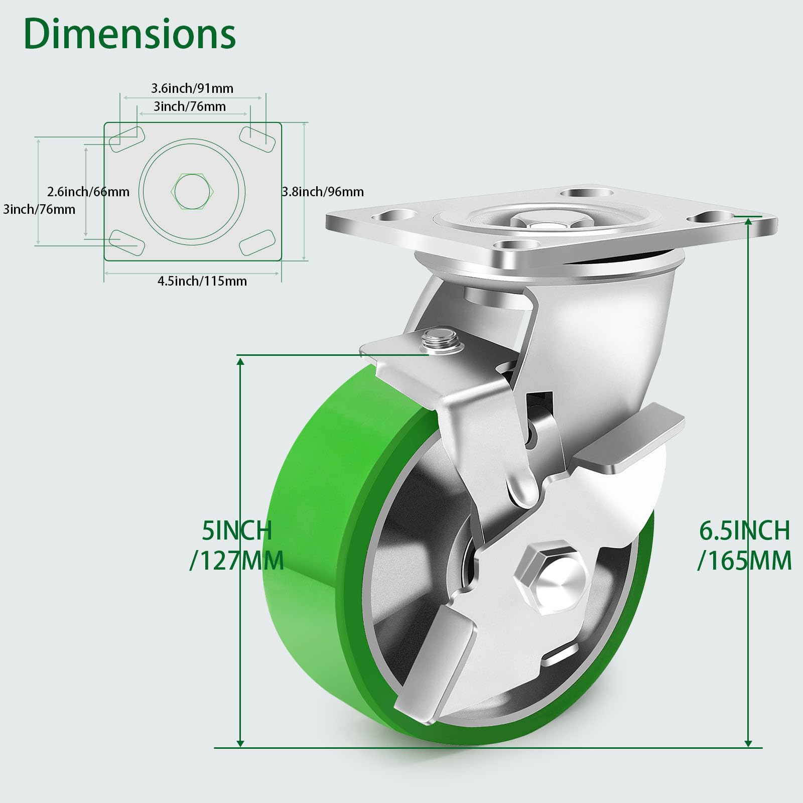 Ruedas para Muebles con Freno 125mm, Núcleo de Aluminio PU Alta Dureza Ruedas Giratorias Pesados 1800KG Capacidad, Silenciosas y Resistentes al Desgaste Ruedas Industriales, Juego de 4
