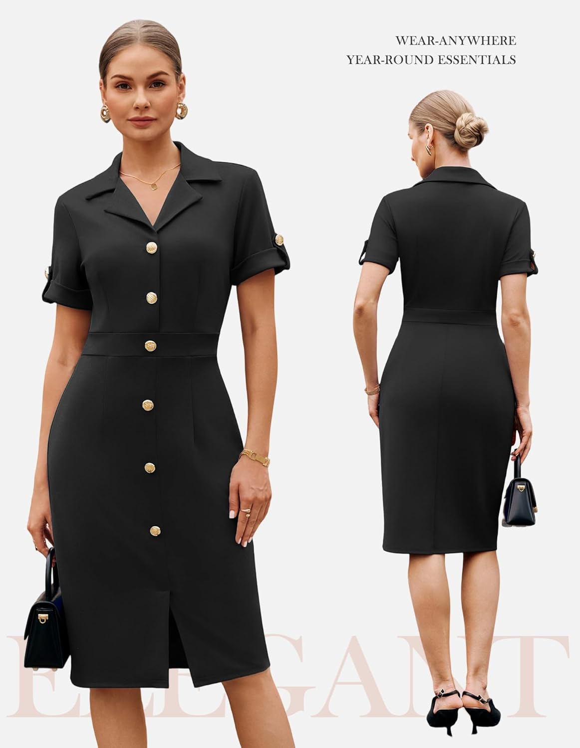 GRACE KARIN Work Dresses for Women 2026 Short Sleeve Button Bodycon Dress Pencil Office Midi Dress with Pockets - Image 3