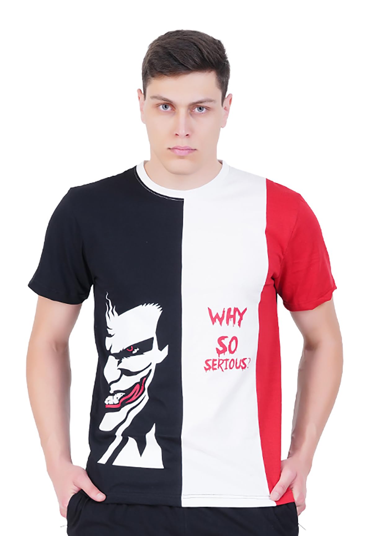 Joker Graphic T-Shirt, Navy Blue White Red Color Block Design, Cotton, Short Sleeve, Why So Serious Print
