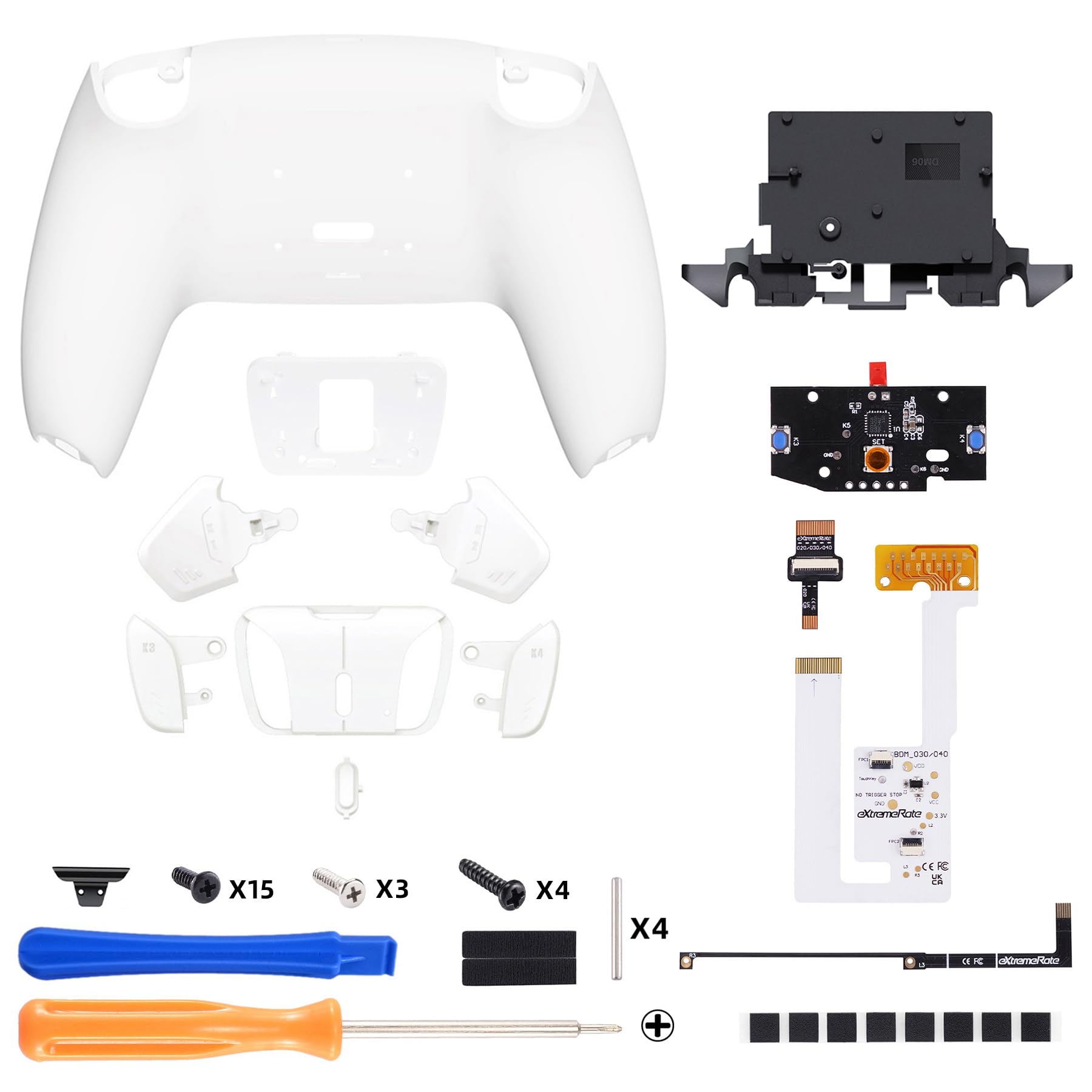 eXtremeRate RISE4 V4 Remap Kit pour ps5 Manette BDM-030/040/050/060, Coque Arrière Redessinée avec 4 Palette pour ps5 Manette BDM-030/040/050/060, Carte améliorée, Blanche Pur