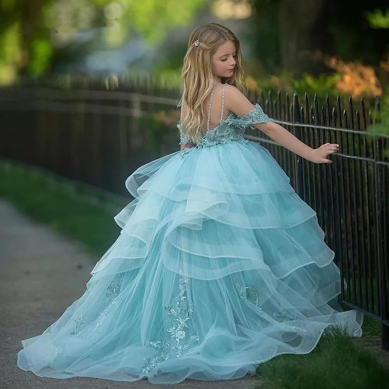 Girls Off Shoulder Flower Girl Dress Lace Appliques Tulle First Communion Dresses Pageant Party Ball Gowns for Kids2