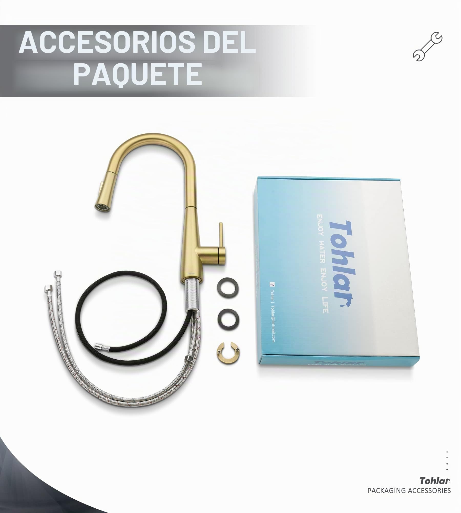 Tohlar Grifo de cocina dorado con rociador extraíble, grifo mezclador de acero inoxidable en acabado dorado cepillado