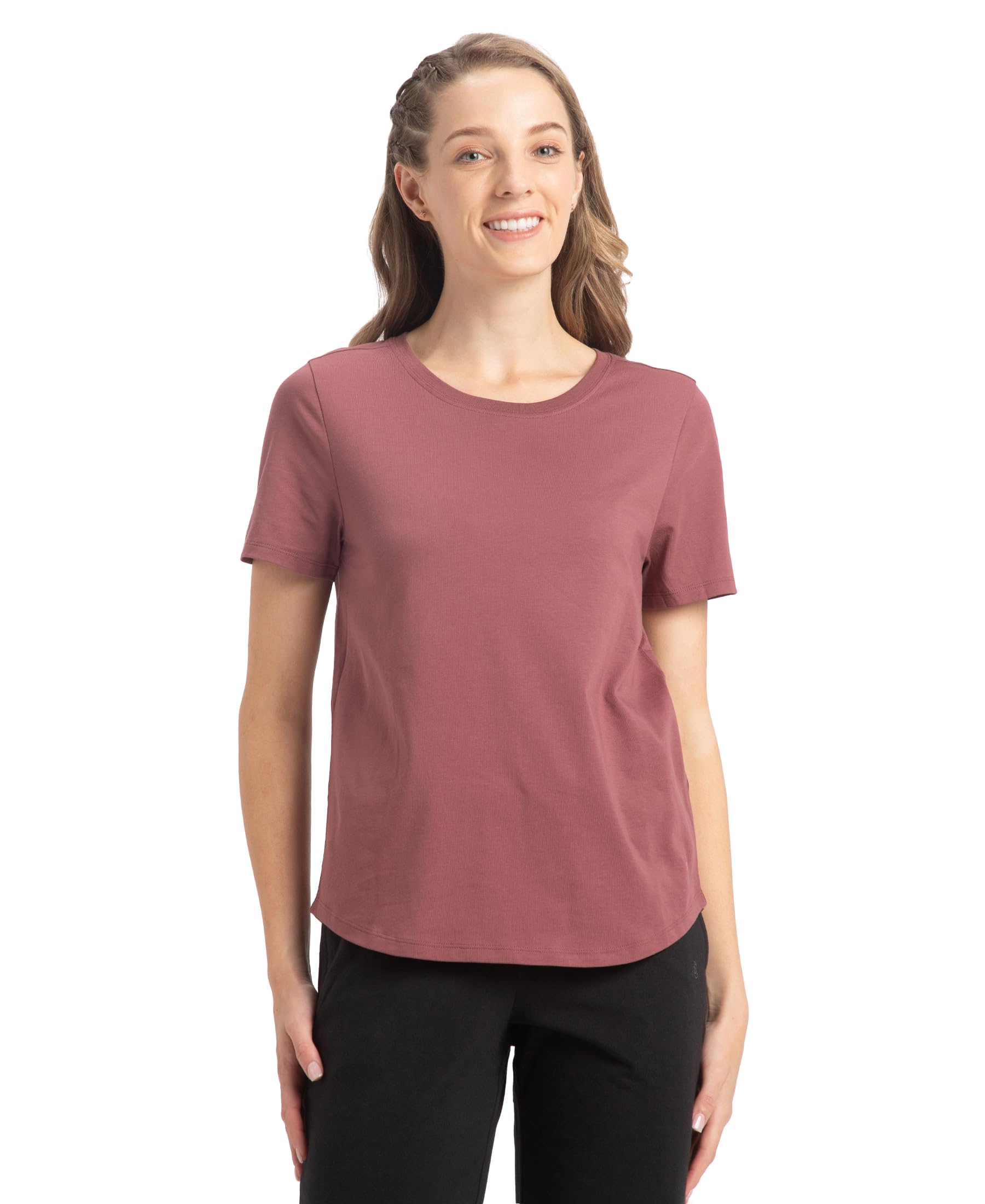 AW88 Women's Super Combed Cotton Rich Relaxed Fit Solid Curved Hem Styled Half Sleeve T-Shirt