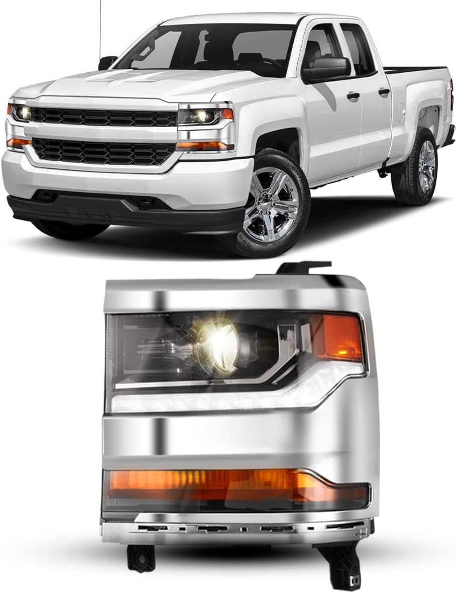 Winjet Headlights Assembly for 2016 2017 2018 2019 Chevrolet silverado 1500, Headlights Replacements with High Low Beam, DRL, Amber Reflector LED Headlamps, Driver Side (Chrome)