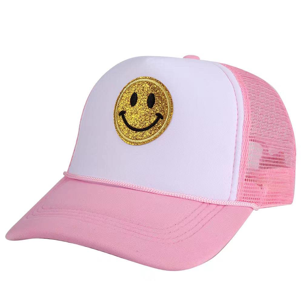Lin SuFashion Smile Face Sequins Baseball Cap Printing Neon High Crown Foam Mesh Back Trucker Hat-for Men and Women