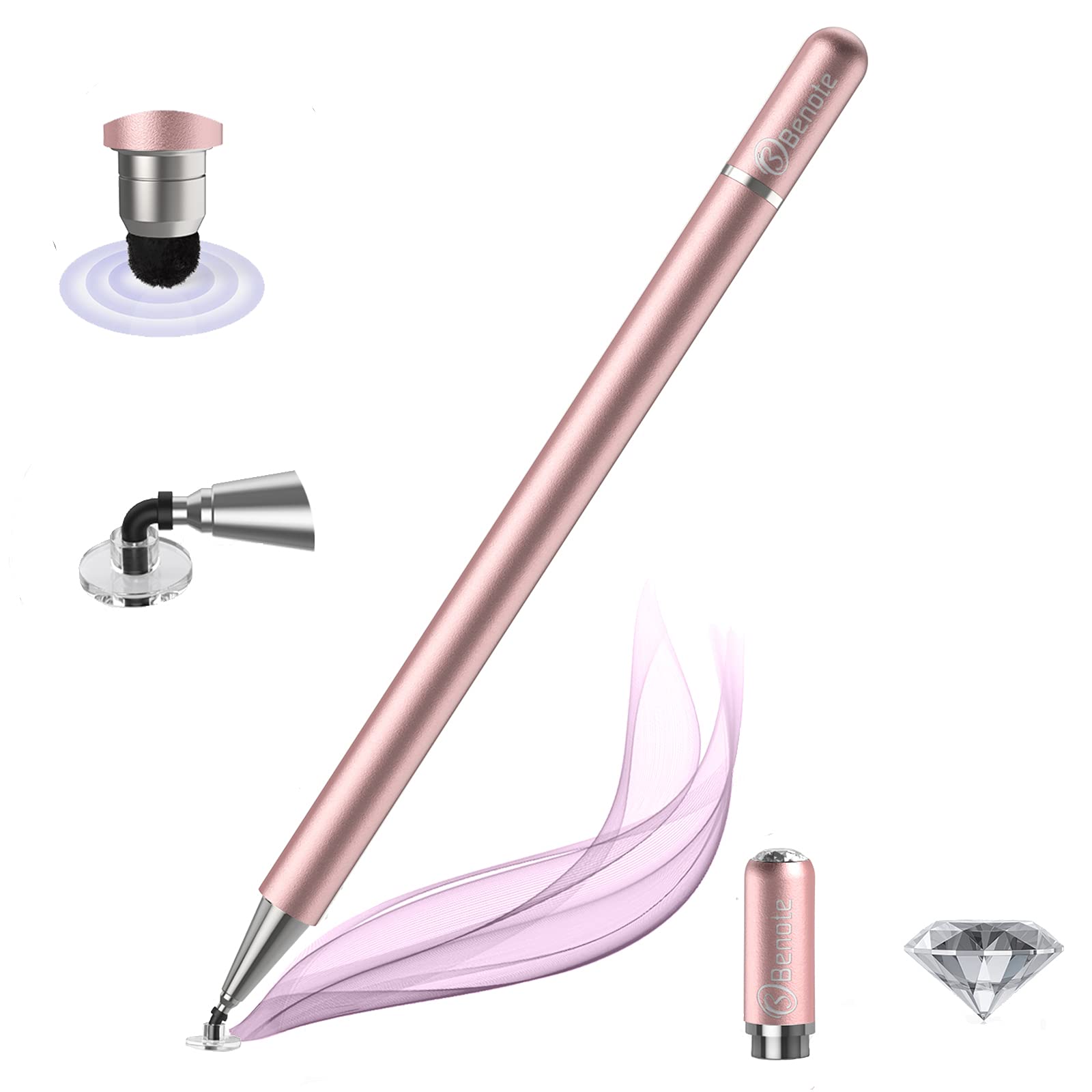 Pennino Stilo Universale 2 In 1 Per Touch Screen, 8 Punte In Gomma Di Ricambio, Alta Sensibilità Per Smartphone E Tablet (Nero + Oro Rosa)