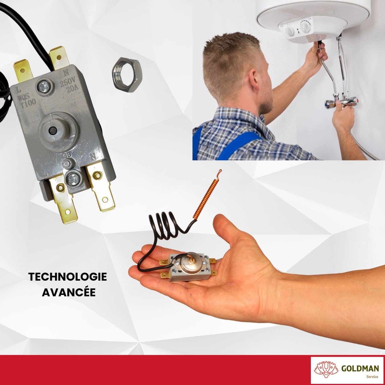 GOLDMAN SERVICE | Thermostat de Sécurité pour Chauffe-eau Électrique Activation Automatique à 93ºC | Sonde Bulbe 500mm | Réarmement Manuel Facile