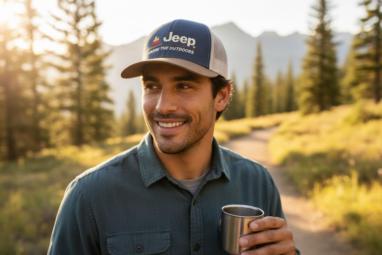 Jeep Explore The Outdoors Trucker Hat – Embroidered Logo, Snapback Closure, Mesh Back