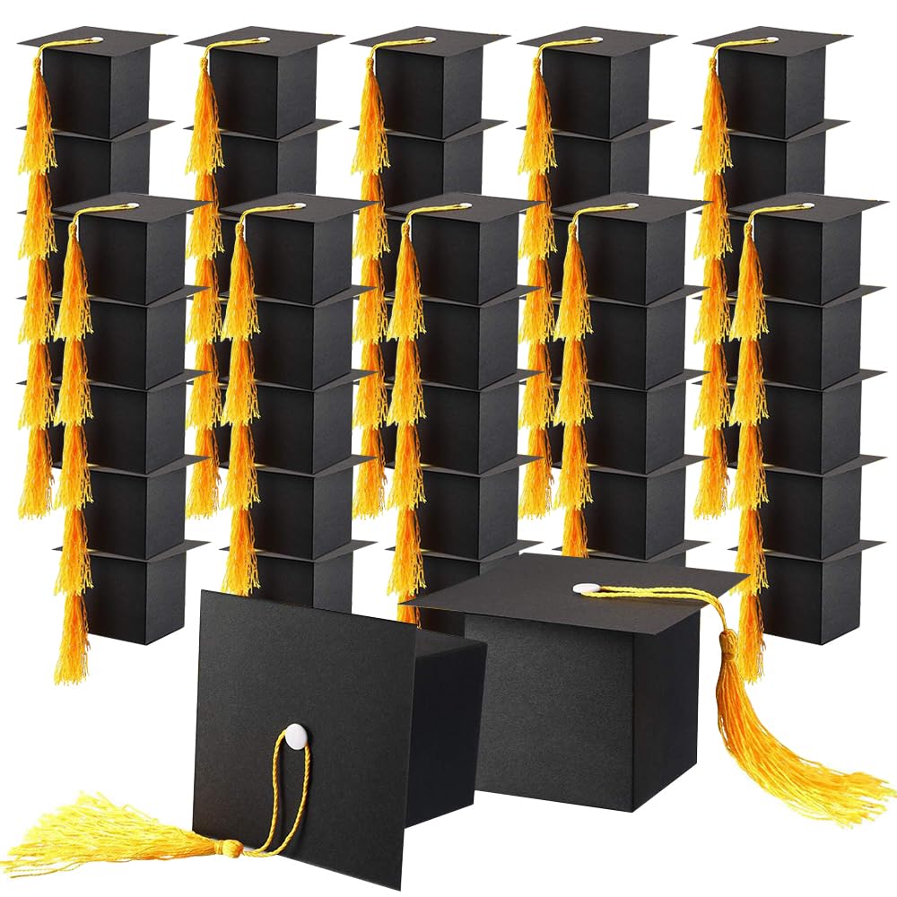 Jonuin Graduation Gift Boxes, 50pcs Black Graduation Cap Gift Boxes with Yellow Tassel, Doctoral Cap Shaped Gift Box, Graduation Candy Box for Party Favours & Ceremony (6 x 6 x 6cm) (50 PCS)