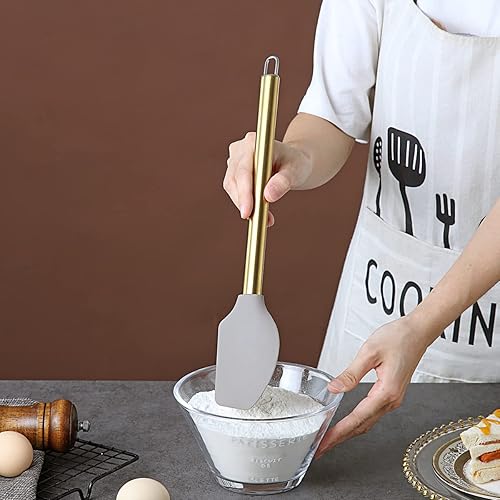 Miniatura 5 de Berglander - Espátulas doradas, antiadherentes de silicona flexible, herramienta de mezcla para hornear con mango chapado en oro de titanio,