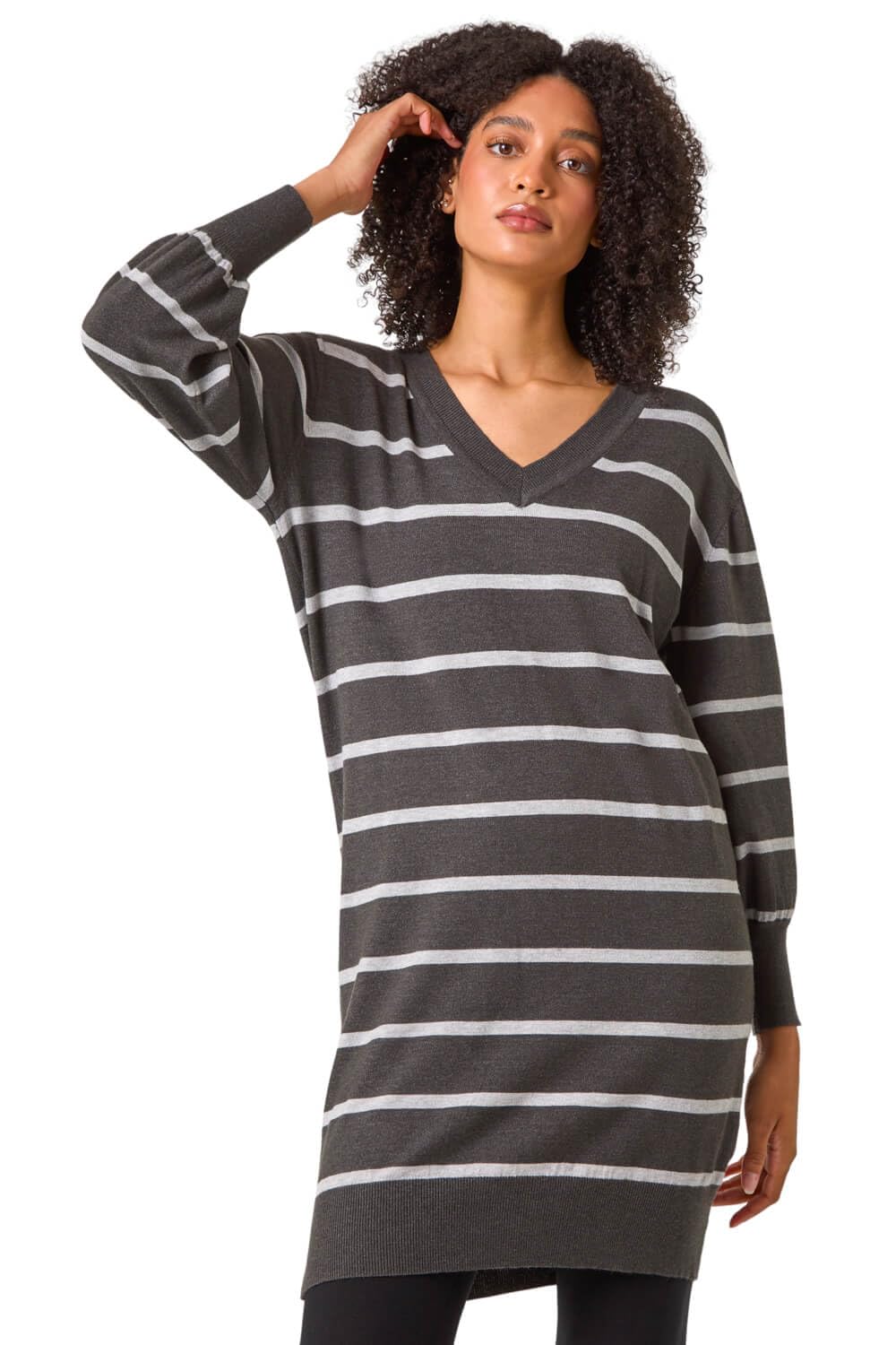 Roman Women's Charcoal Stripe V-Neck Knit Jumper Dress In | Size: 18