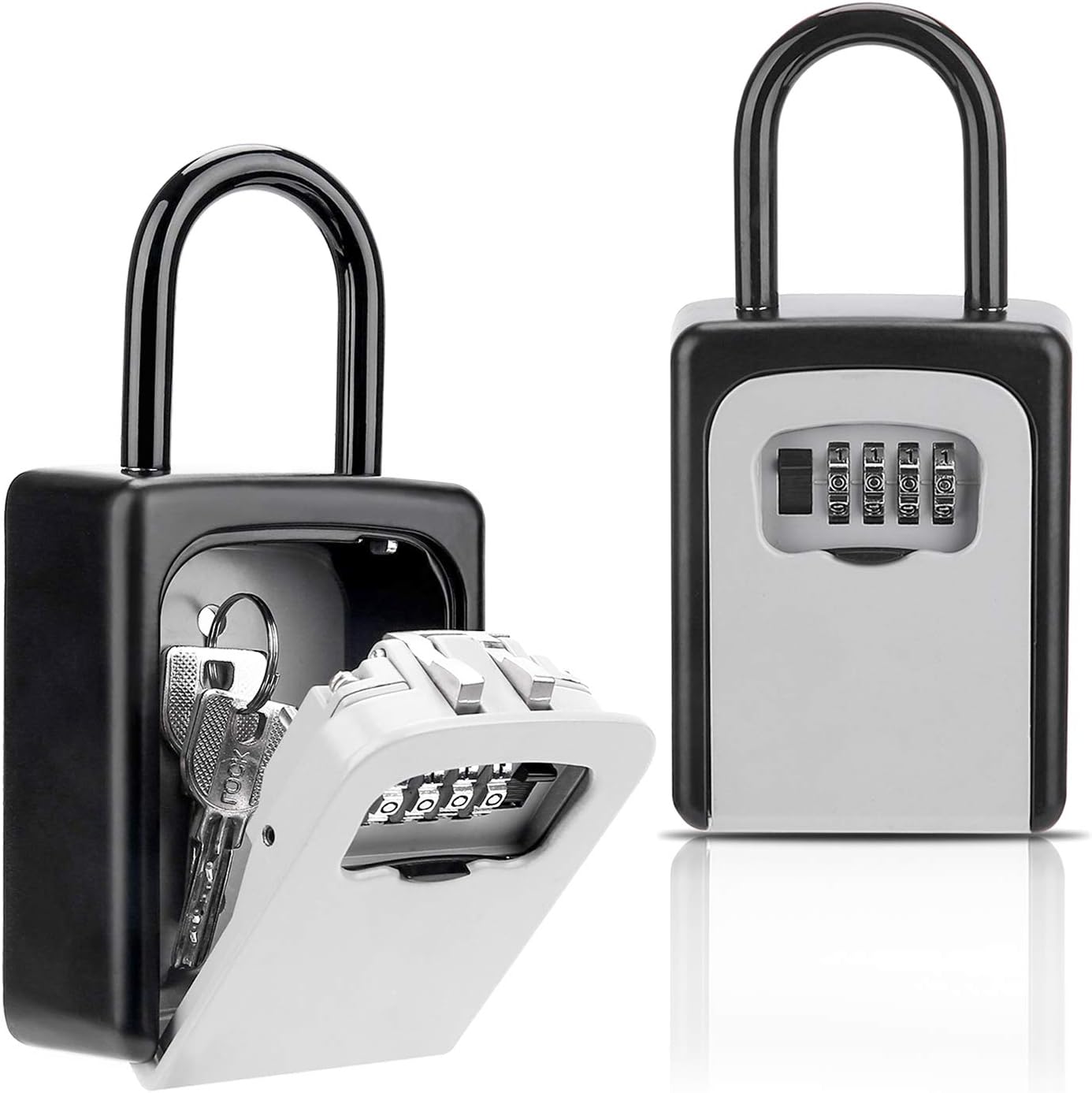 Key lock box, combination lockbox with code for house key storage, combo door locker - Black Silver