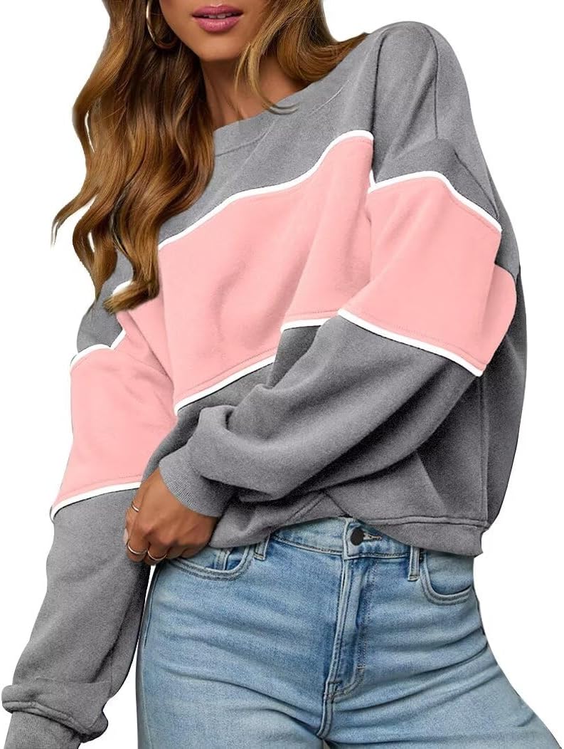 LEEDYA Womens Long Sleeve Sweatshirts Oversized Crewneck Color Block Pullover Top Casual Lightweight Blouse Tops