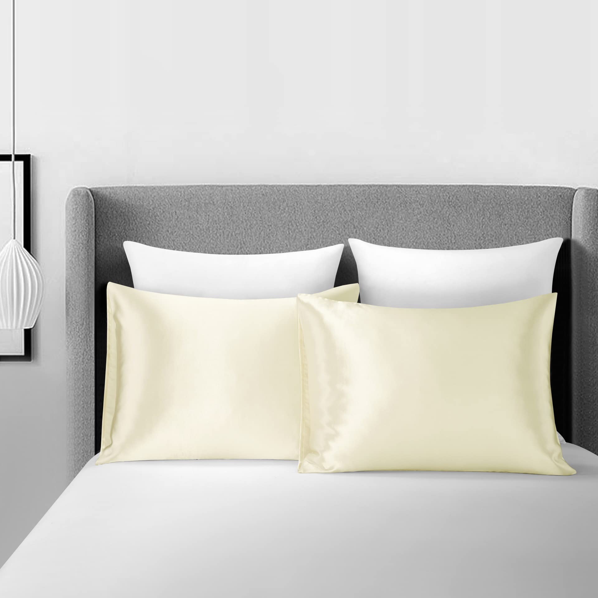 JUWENIN,Luxury Satin Pillowcase with Zipper (Silky Satin Pillow Case for Hair) Set of 2 (Standard, Beige)