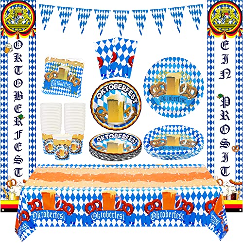 ADXCO 125 pezzi Oktoberfest forniture per feste includono piatti di carta, tazze, tovaglioli, forchette servire 24 striscioni per porta Oktoberfest, 2 tovaglie, per feste di birra bavarese tedesca