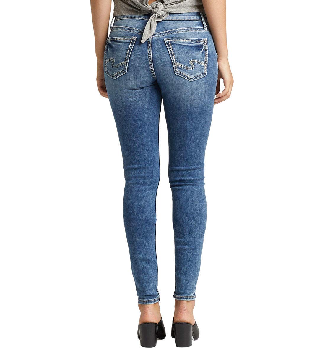 Silver Jeans Co. Women's Suki Mid Rise Skinny Jeans - Curvy Fit, Super Stretch, Destroyed Wash