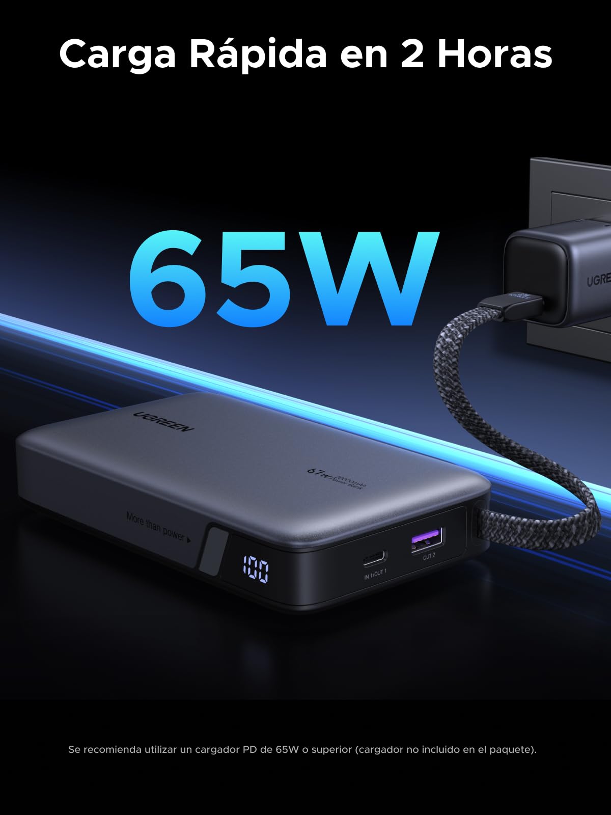 UGREEN Nexode 67W Power Bank 20000mAh Batería Externa Carga Rápida PD 65W | 3 EN 1, Cable USB C Integrado, 2 Puertos 1C1A, Cargador Portátil PC, Compatible con Xiaomi Note 15 14 iPhone 17 16 Galaxy S26