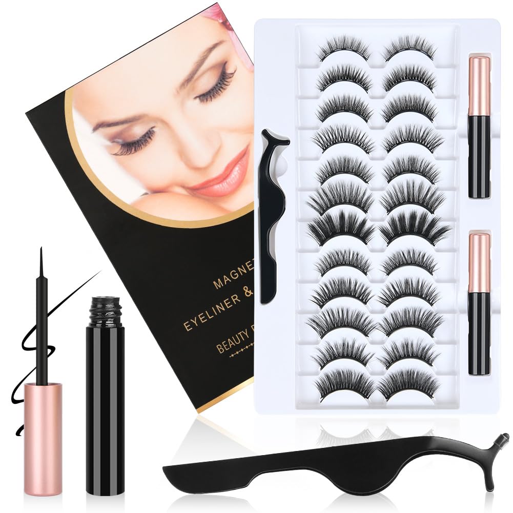 Magnetische Wimpern, Magnetische Flüssiger Eyeliner, 3D Dicke Lange Flauschige Künstliche Falsche Eyelashes, Natürlich Magnet Wimpern Set mit Zange, Wasserdicht und Wiederverwendbar (12 Paare)