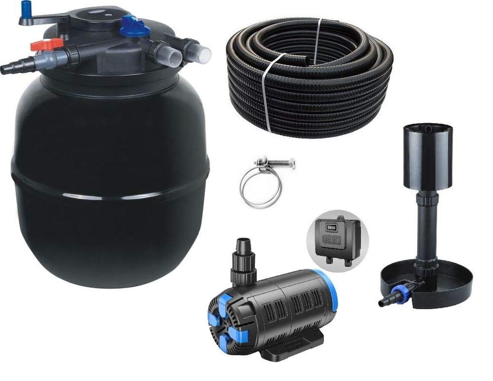 AquaOne Zestaw filtrów do oczka wodnego z pompą do stawu, pompa filtrująca CPF-50000 do stawu o pojemności do 80 000 litrów, kompletny zestaw z lampą UV, regulowana pompa Eco 37-180 W, skimmer, wąż do