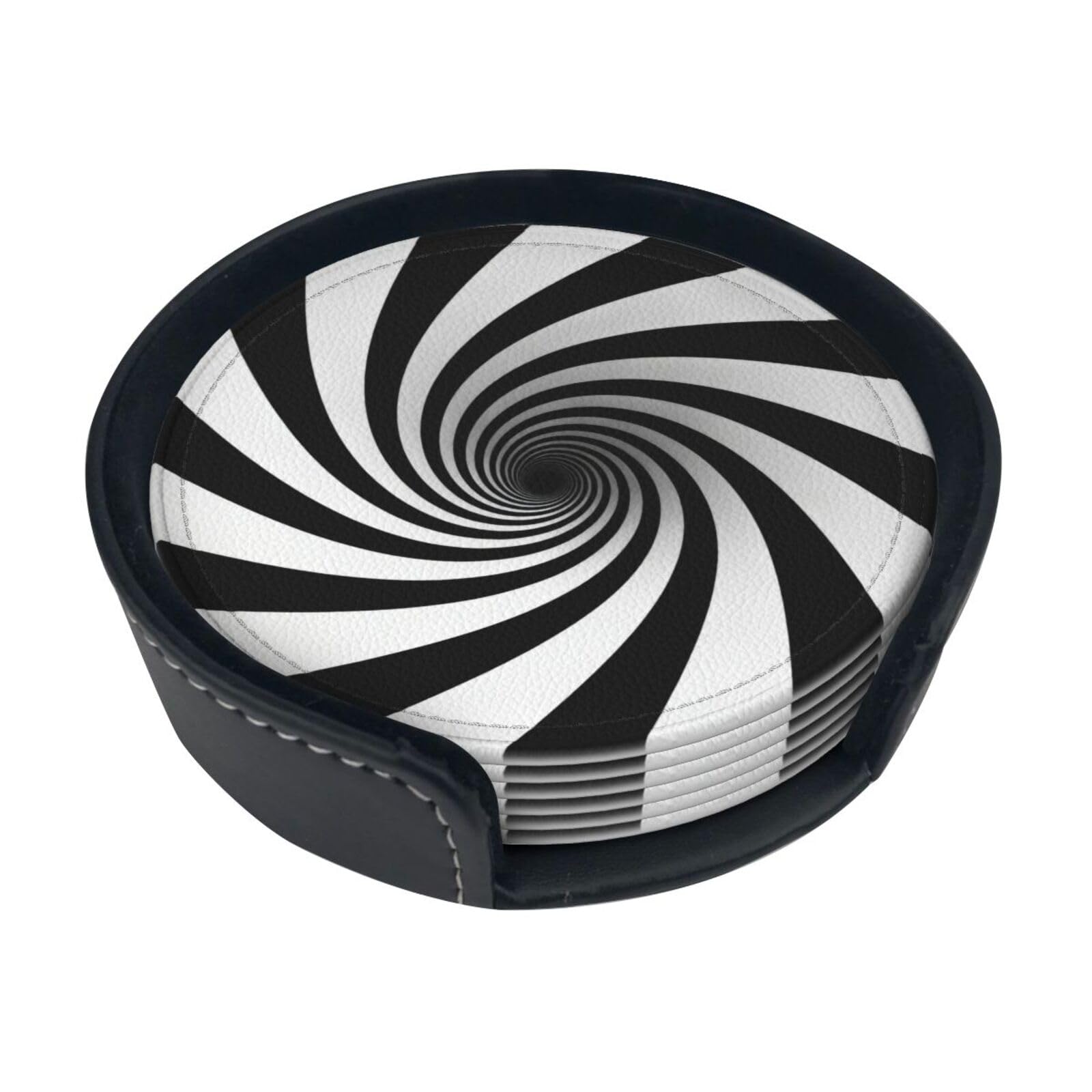 Cntdbu White Infinite Spiral Vortex Leather Coasters Set Of 6-Pu Leather Drink Mats For Table, Heat Resistant Round Coasters With Holder