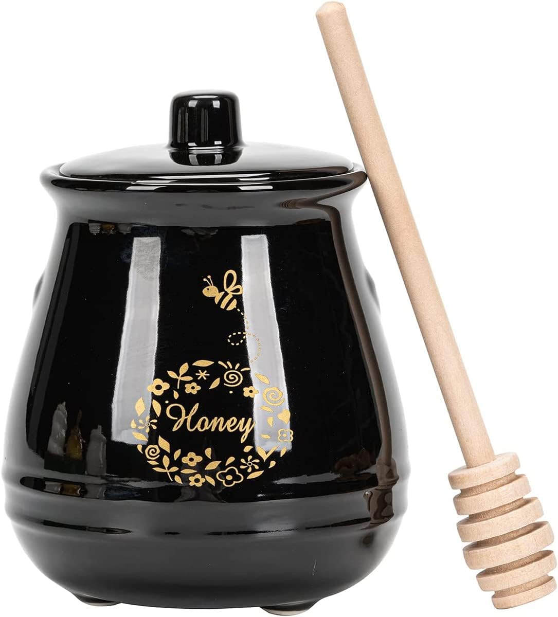 Ceramic Honey Jar With Wooden Honey Dipper - Honey Pot With Dipper - Black Honey Dispenser with Stand, Great Bee Decor- Farmhouse Kitchen Decoration