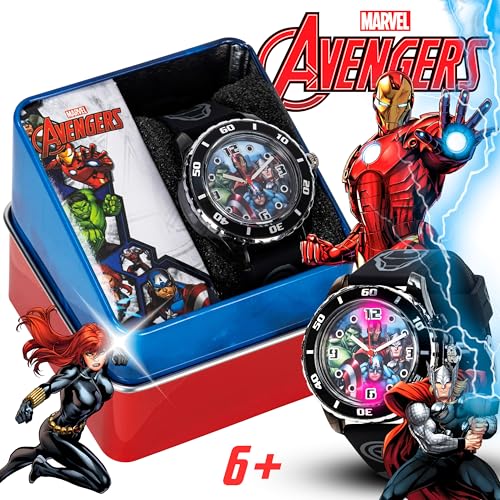 Marvel Avengers Adventure Analog Quartz Kids' Watch with Flashing LED Lights - Superhero Icons Band, Japanese Movement, Black3