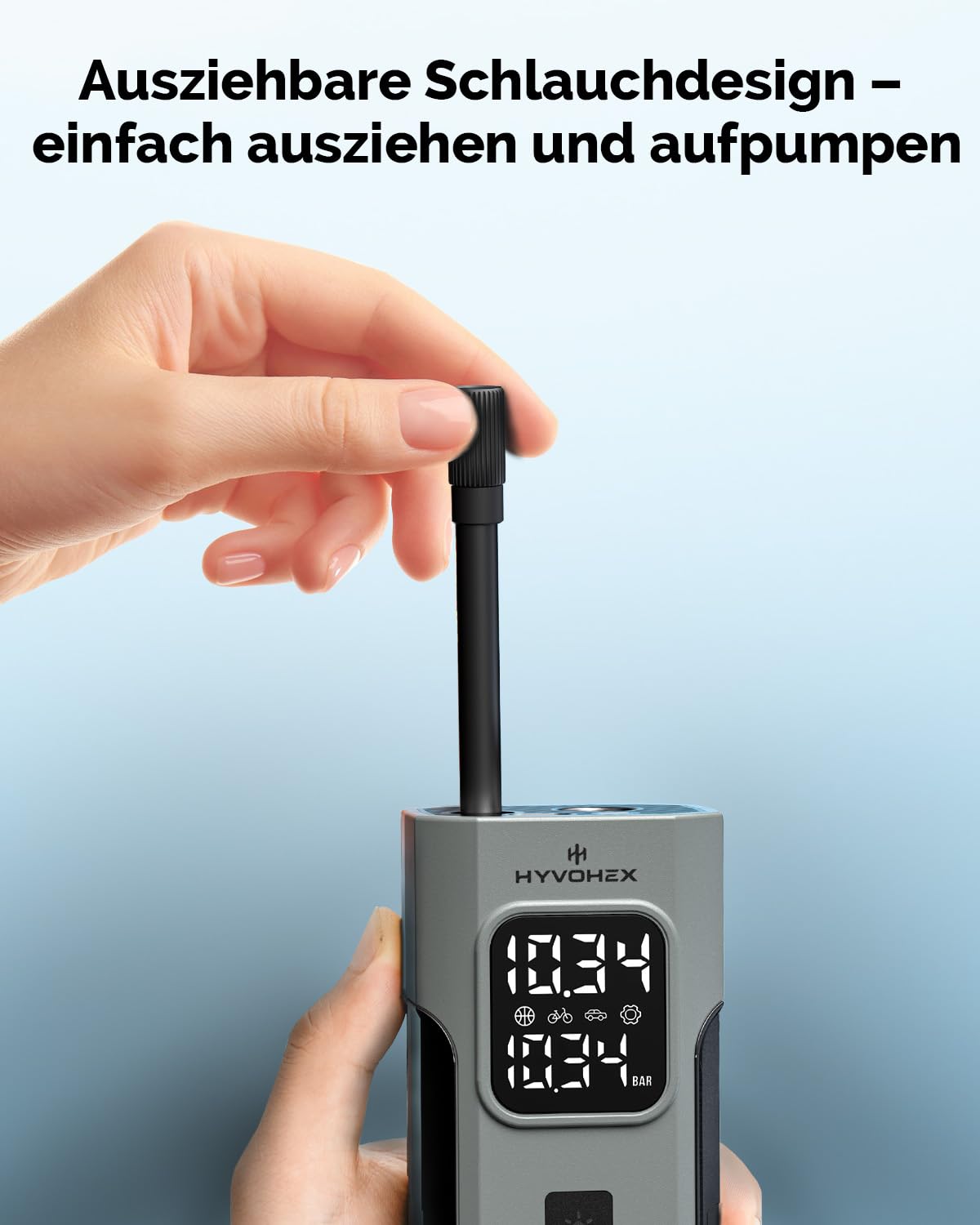 HYVOHEX Elektrische Luftpumpe,Akku Kompressor,Fahrradpumpe,1 Min Schnellbefüllung Kabelloser Luftkompressor mit Digitalem Manometer LED Licht,10.34 Bar Reifenkompressor mit LED Licht für Auto,Fahrrad