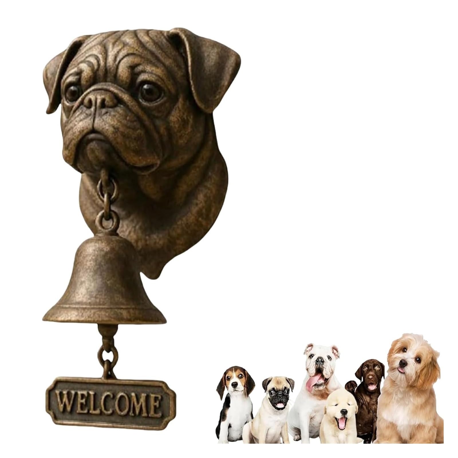 Various Dog Welcome Doorbell Vintage Wall-Mounted Hanging Bell Cast Iron/Resin, Entry Bell for Porch, Front Door & Garden - Pet Lover Decorative Dog Bells(Pekingese)