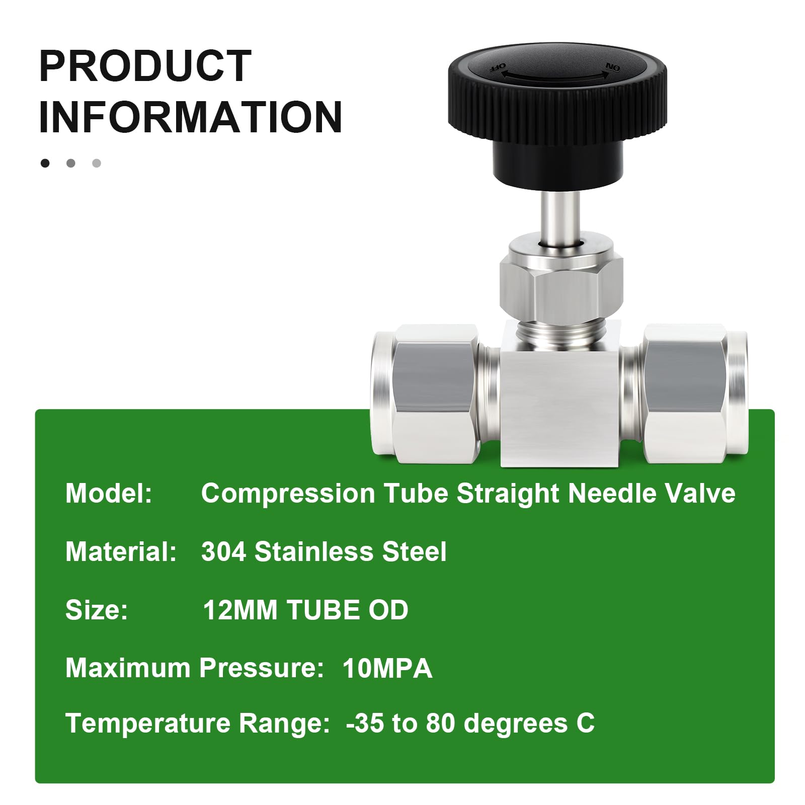 TAISHER 1PCS 304 Vanne à aiguille droite carrée en acier inoxydable à compression de tube 12MM OD x 12MM OD pour le contrôle du débit d'eau, de gaz et de pétrole