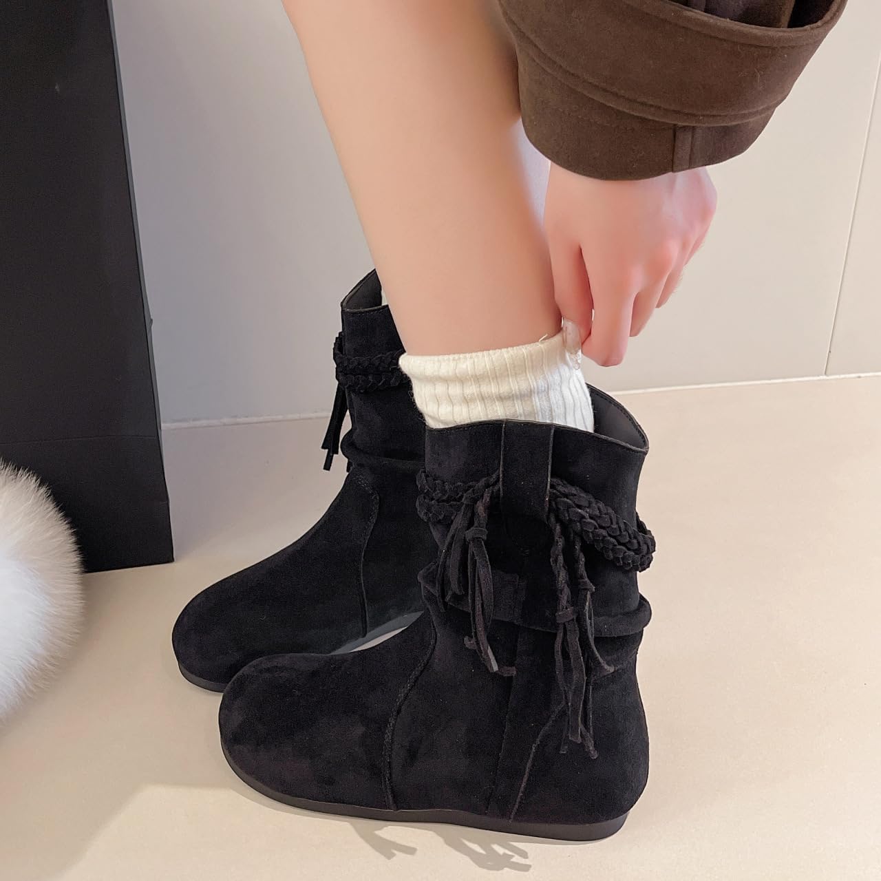 Women's Fringe Cowboy Cowgirl Boots Round Toe Pull On Dress Western Ankle Booties Retro Suede Cute Mid Calf Boots