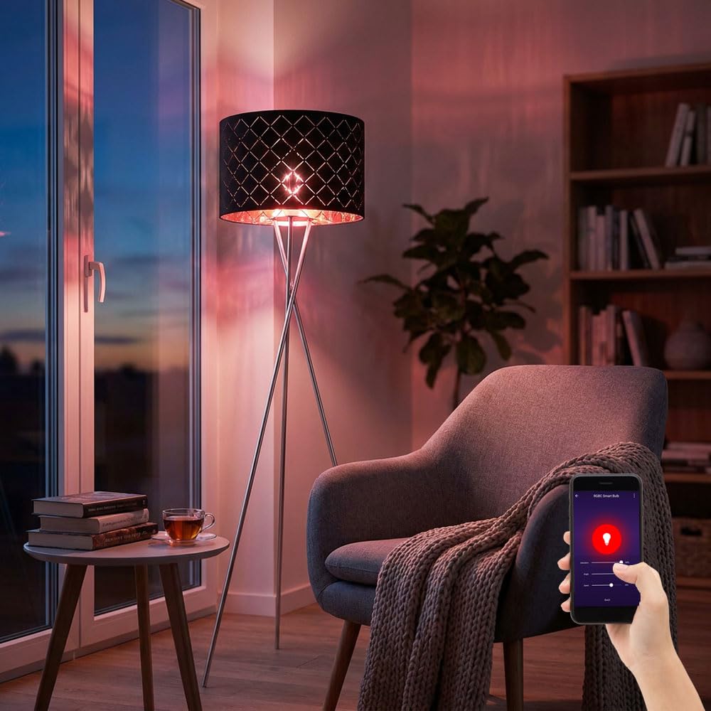 Smart Stehlampe Textilschirm schwarz gold Beistellleuchte 3 Bein Stativleuchte dimmbar, App Steuerung CCT, 1x RGB LED 8,5W 806Lm, DxH 62x158 cm