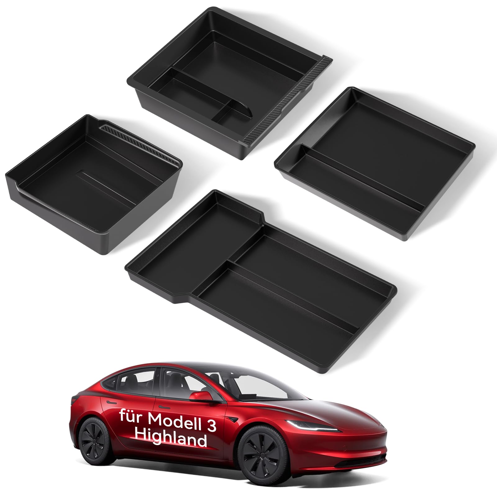 VIHIMAI 4 Pcs Tesla Model 3 Highland 2024 2026 Mittelkonsole Organizer【Smooth Slide Technology】 Mittelkonsoleablagefach Armlehnenablage mit ABS+Silikonmaterial, Model 3 Highland Zubehör (Schwarz)
