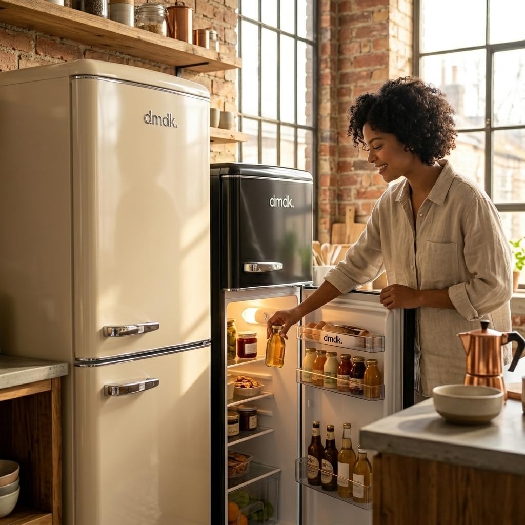 DMDK DKC3 Réfrigérateur-congélateur Combiné, 244 Litres, Crème Rétro, 181 x 55 x 57,50 cm, 39 dB