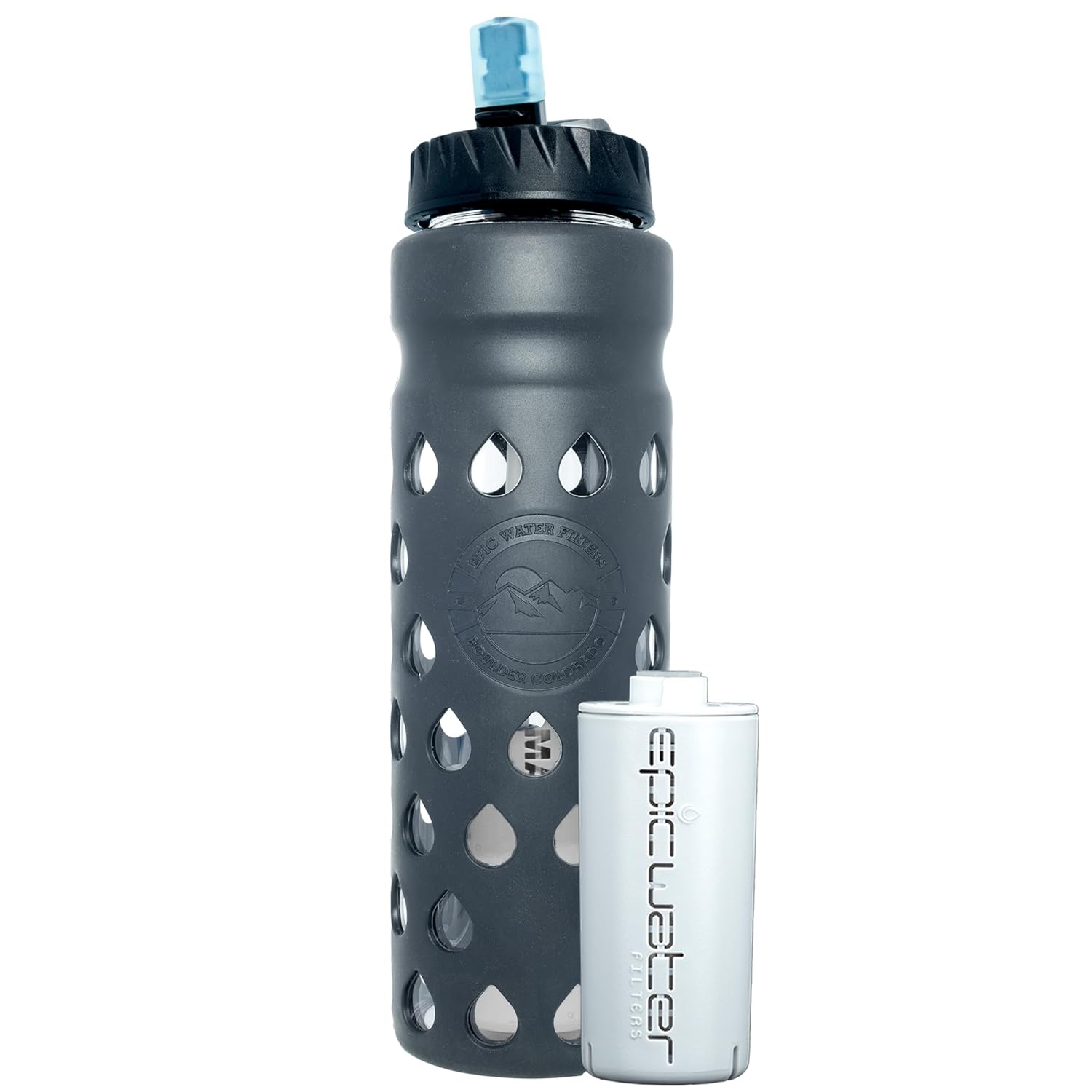 Epic Escape | Glass Water Bottle with Filter | USA Made Filter | Dishwasher Safe | Borosilicate Glass with Silicone Sleeve | BPA Free Water Bottle | Removes 99.99% Tap Water Contaminants | Filtered Epic Escape | Glass Water Bottle with Filter | USA Made Filter | Dishwasher Safe | Borosilicate Glass with Silicone Sleeve | BPA Free Water Bottle | Removes 99.99% Tap Water Contaminants | Filtered