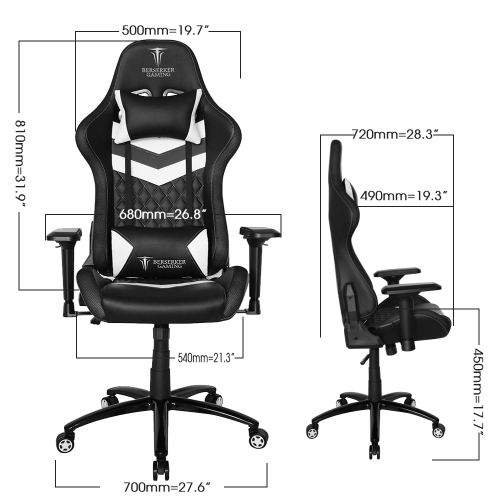 BERSERKER Silla Gaming Ergonómica, Giratoria 360°, Inclinación 90-180°, Base Metálica 70 cm, Capacidad 160 kg, Negro