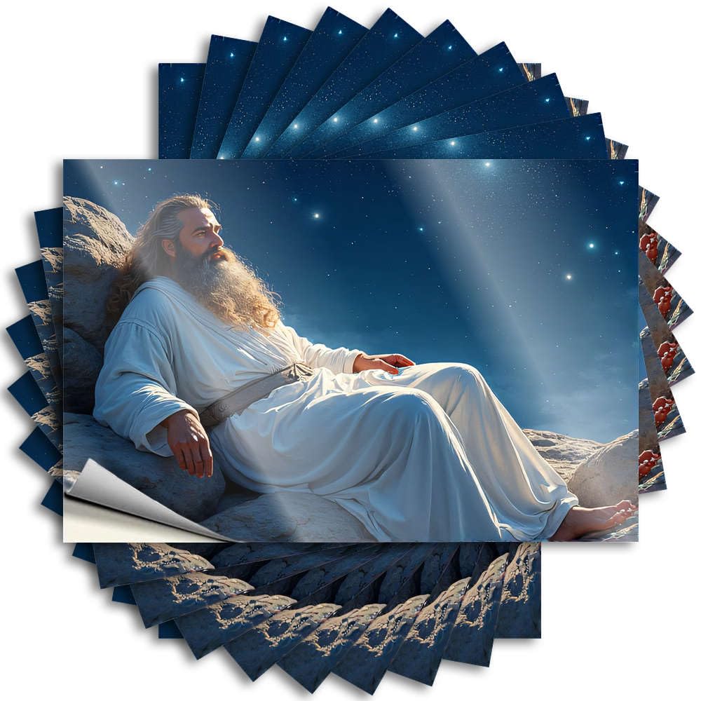 A Man in White Robes Sits On Rocks Under A Starry Sky Cozy Funny Sticker | Outdoor Farmhouse Decor Waterproof Vinyl Helmet Mom Removable Decal Peel Stick(6X9CM)