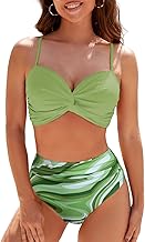 Adigaber Maillot de Bain Femme Deux Pièces Devant Torsadé Taille Haute Grande Taille Bikini Set Col V Élégant