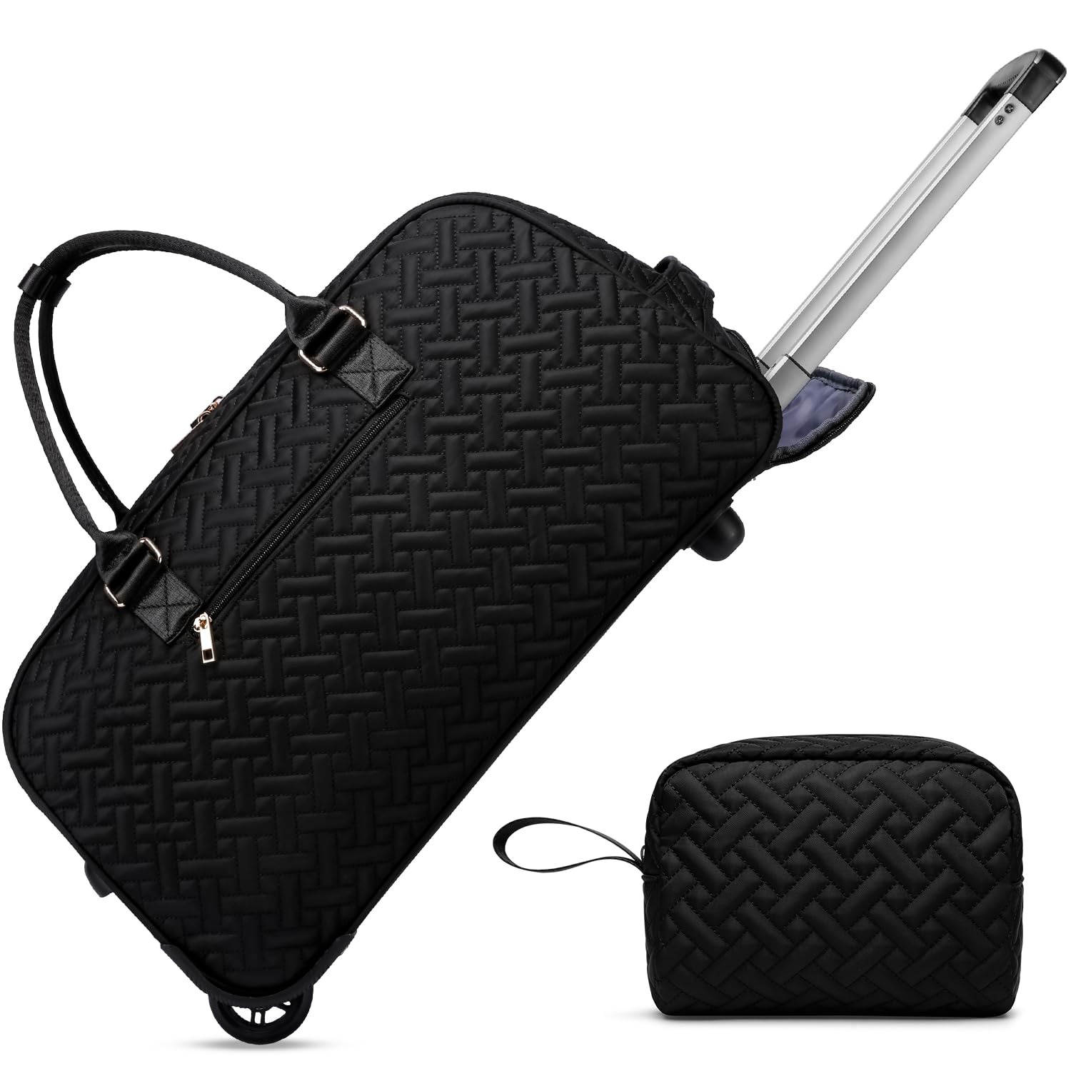 Rolling Travel Duffle Bag with Wheels for Women, Large Carry on Duffel Bags with Toiletry Bag Wet Pocket, Weekender Overnight Traveling Bag with Roller Black