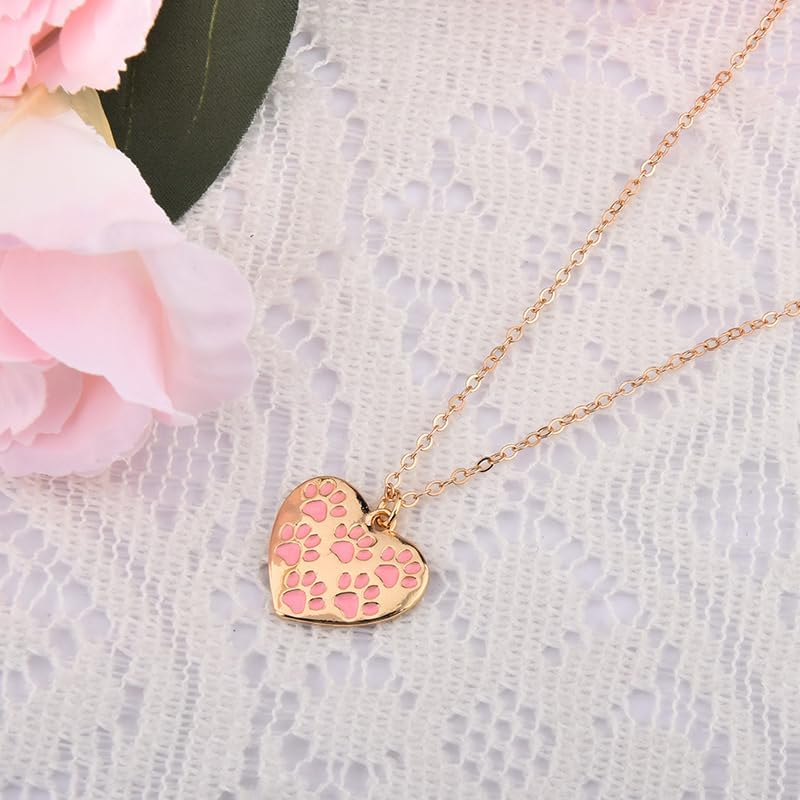 Heart-Shaped Paw Print Necklace Pink Gold Dog Cat Paw Pendant Necklace Puppy Dog Cat Mom Gifts for Women Pet Lovers Owners Rescuer Veterinarian Gifts for Birthday Christmas Animal Themed Party Favors - Image 5