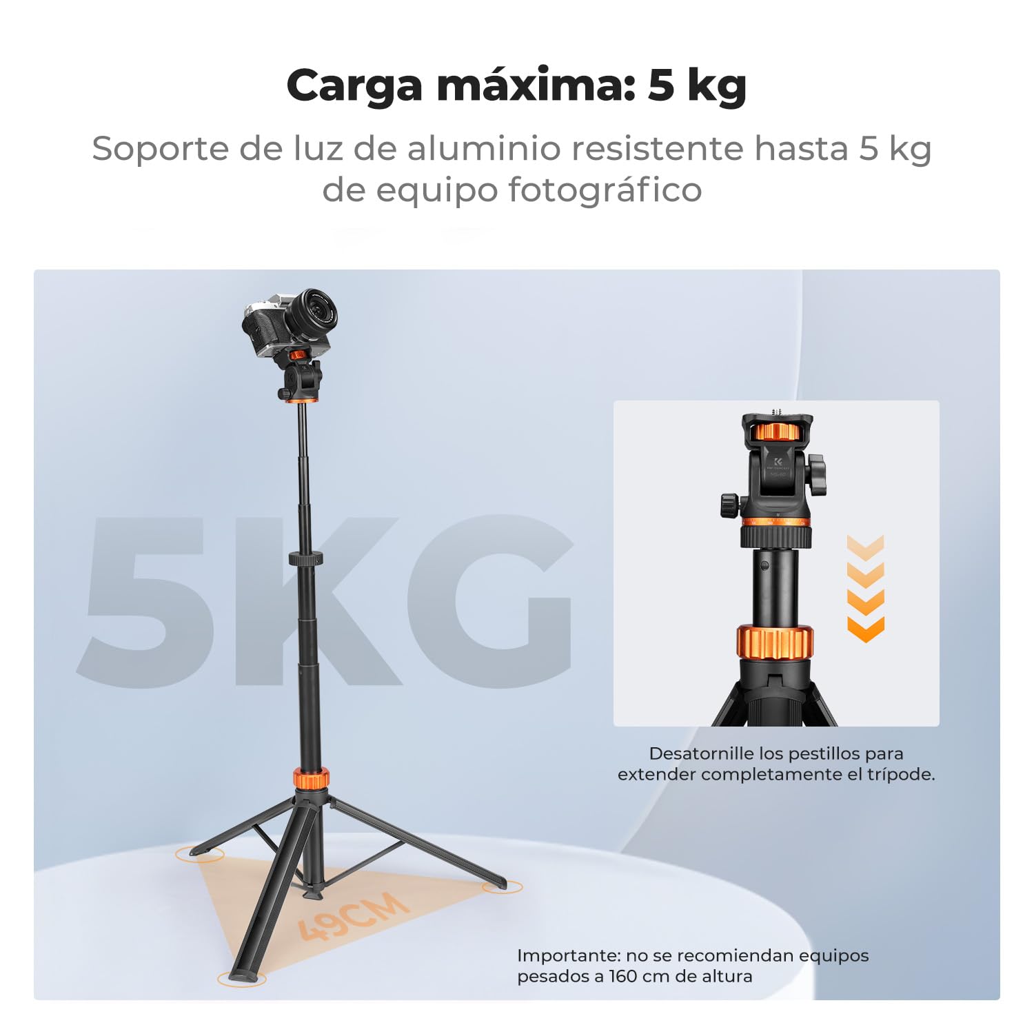K&F CONCEPT Quick Release Trípode metálico para iluminación 199 cm, Carga máx 5 kg. Trípode para cámara, móvil, trípode de Tres Patas para móvil con rótula de 360° y Tornillo de 1/4"