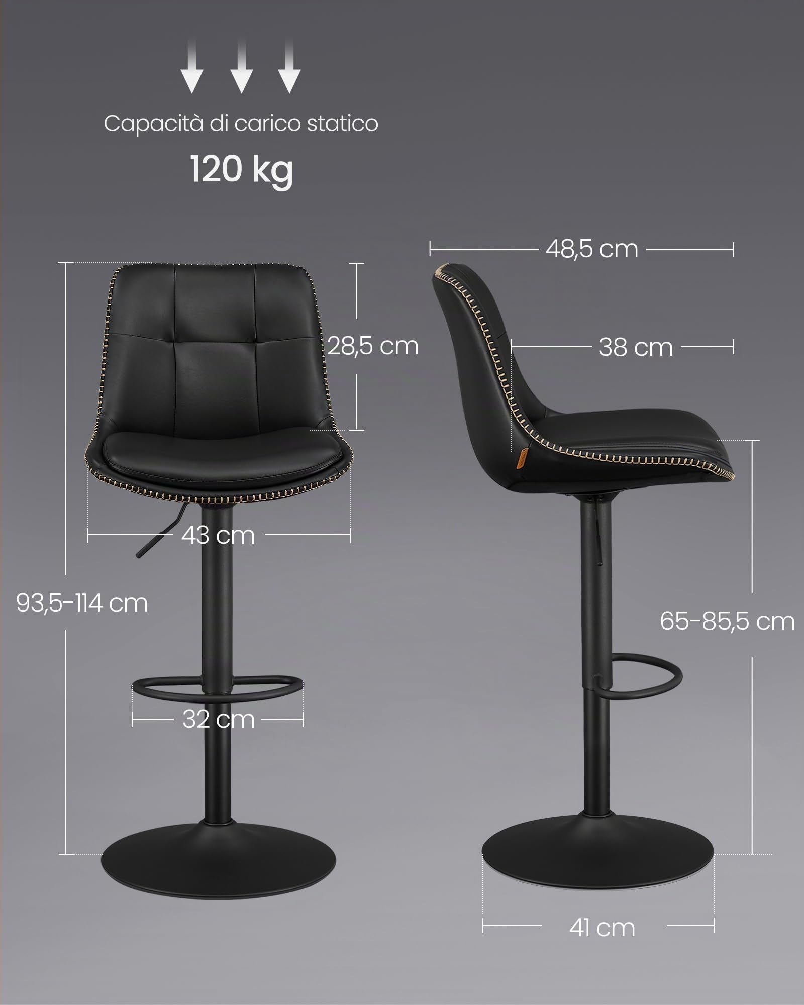 VASAGLE Set di 2 Sgabelli da Bar, Sedie da Bar Girevoli Regolabili in Altezza, PU Trapunta, Sedie da Cucina con Schienale e Poggiapiedi, Sala da Pranzo, Bancone, Acciaio, Nero Inchiostro LJB095B01