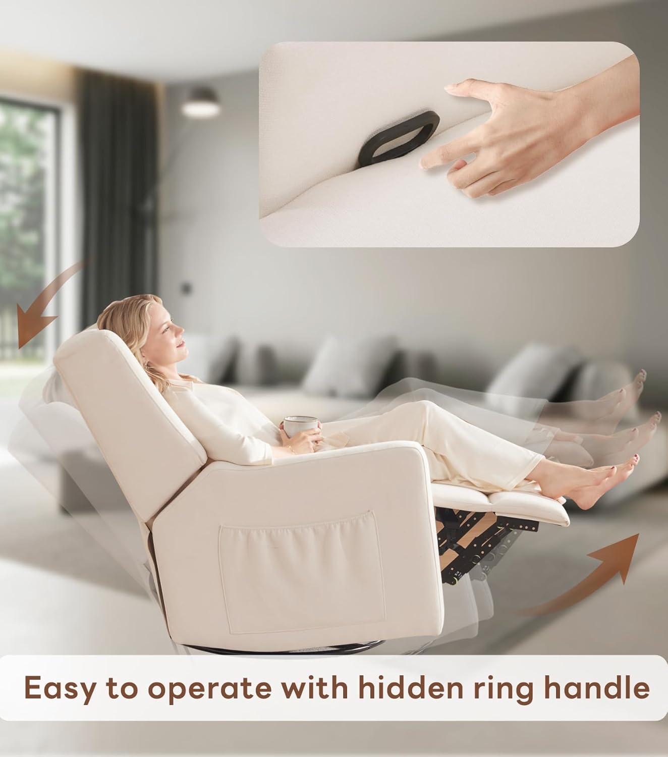 Tbfit 360° Swivel Recliner Chair, Nursery Rocking Chair with Lumbar Support & Footrest for Bedroom, Comfy Upholstered Armchair with Pillows & Storage Bag for Living Room, Beige Beige Hidden Ring Switch image 7 of 9 B0DXFNFZ3P