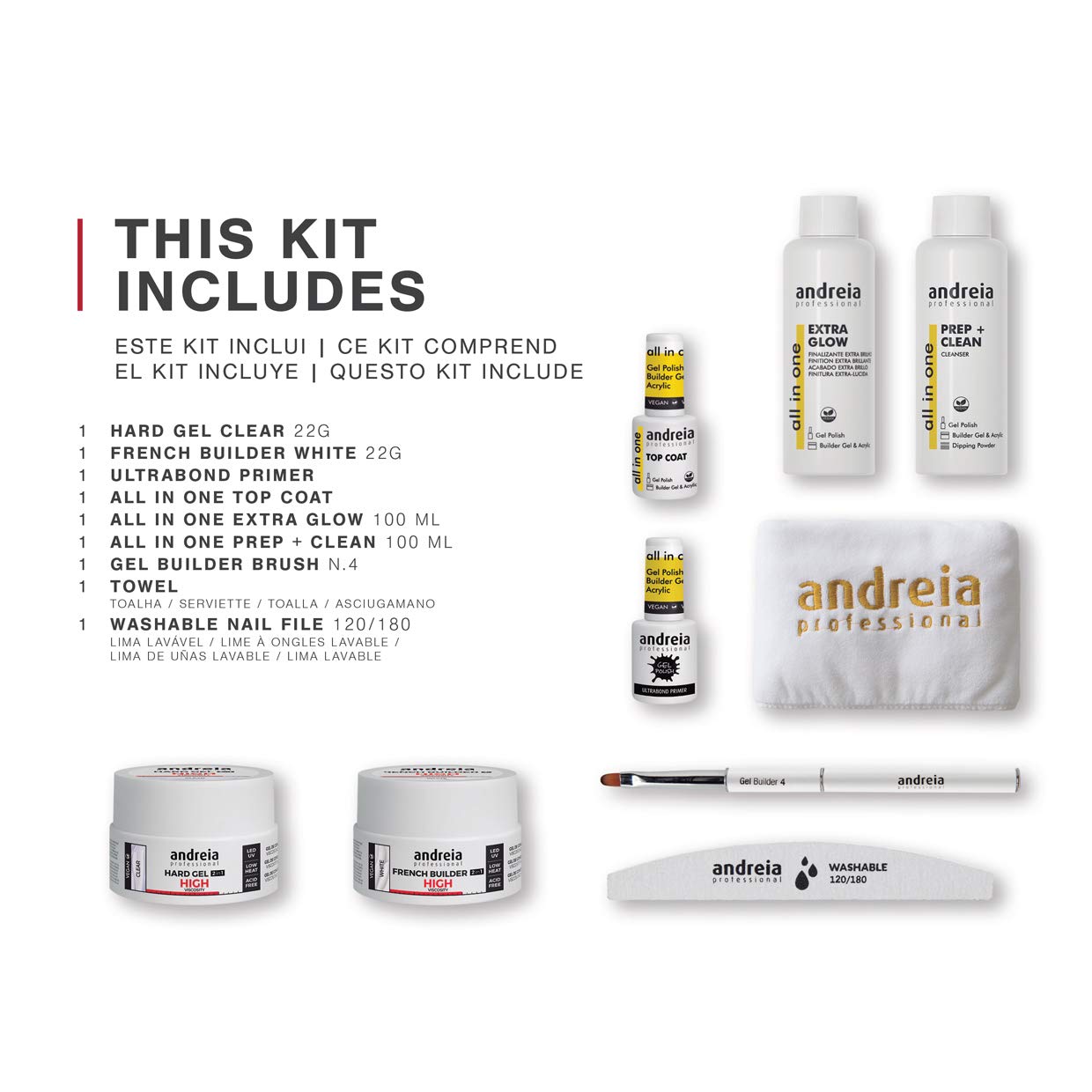 Andreia Professional Hard Gel Kit PRO para Uñas con Hard Gel Claro, French Builder Blanco, Ultrabond Primer, Capa Superior, Extra Glow, Prep Clean Cleanser, Lima lavable, Toalla y Builder Cepillo