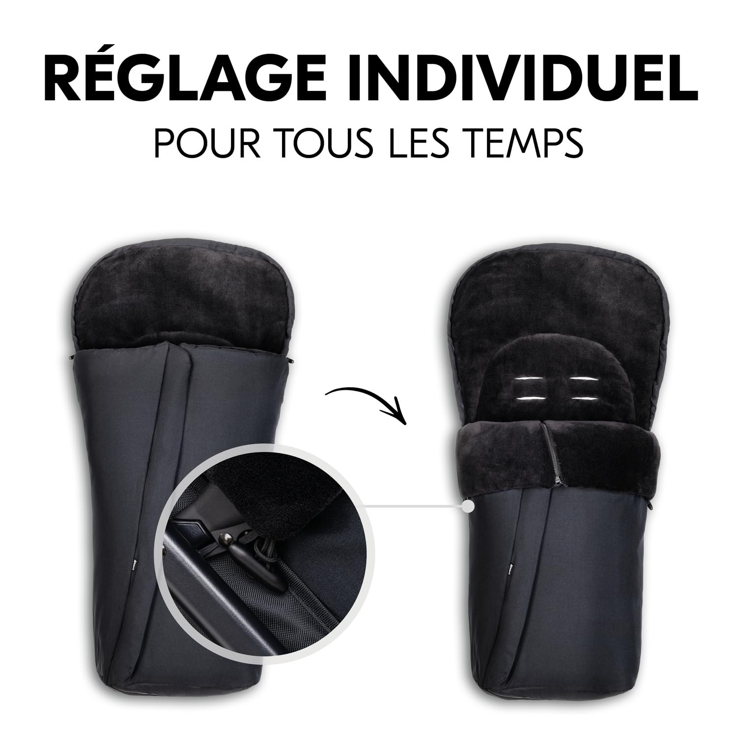hauck Chanceliere Universelle pour Poussette et Remorque Velo, Nid d'Ange Bebe en Polaire Chaude, Fentes pour Harnais 5 Points, Lavable en Machine, Noir
