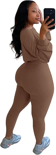 Miniatura 4 de IyMoo - Atuendo de 2 piezas para mujer con camiseta ombliguera de manga larga acanalada  pantalones deportivos largos y entallados