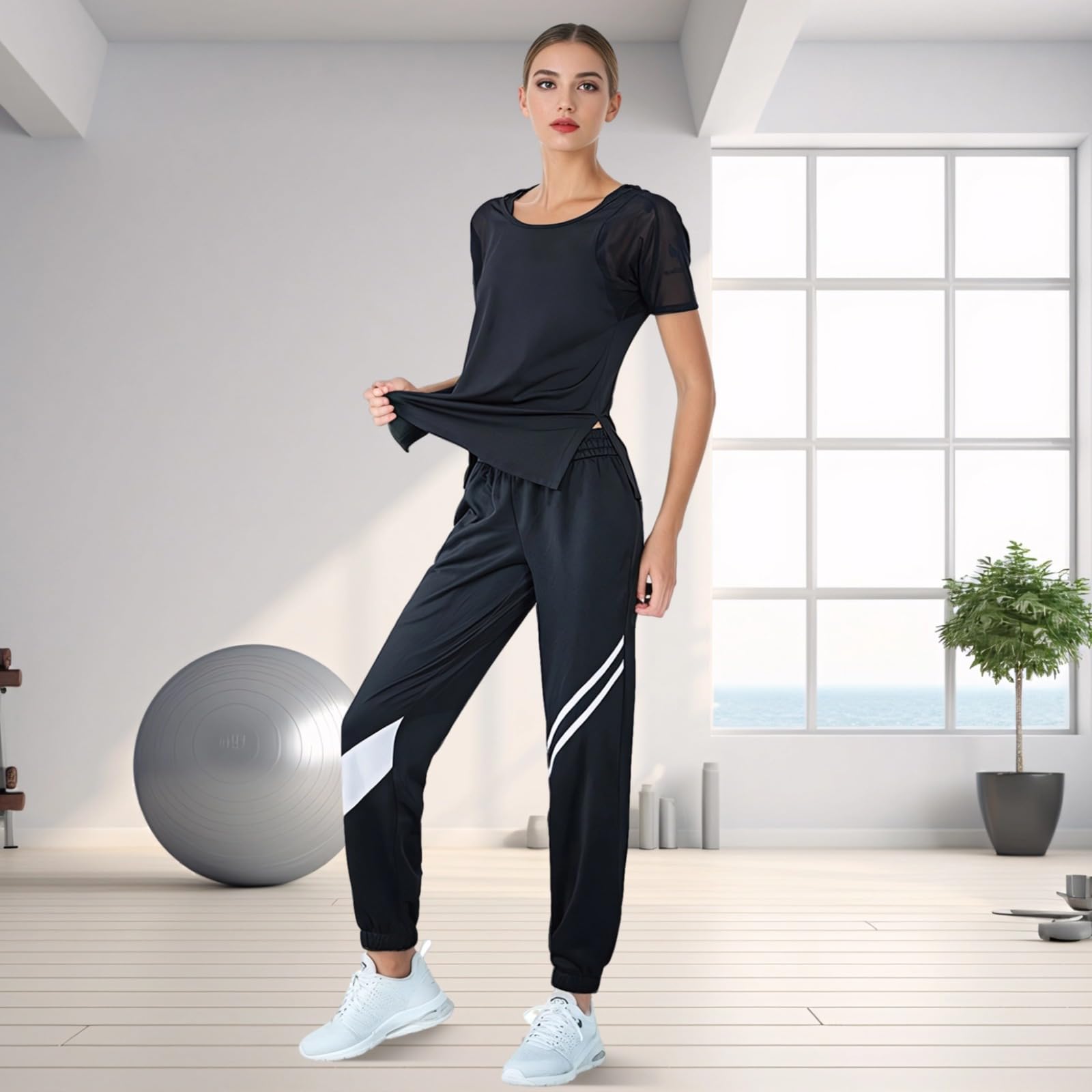 Tenue de pilates stretch XXL pour femme - Haut à manches avec pantalon noir, ensemble deux pièces pour le fitness ou les tenues décontractées