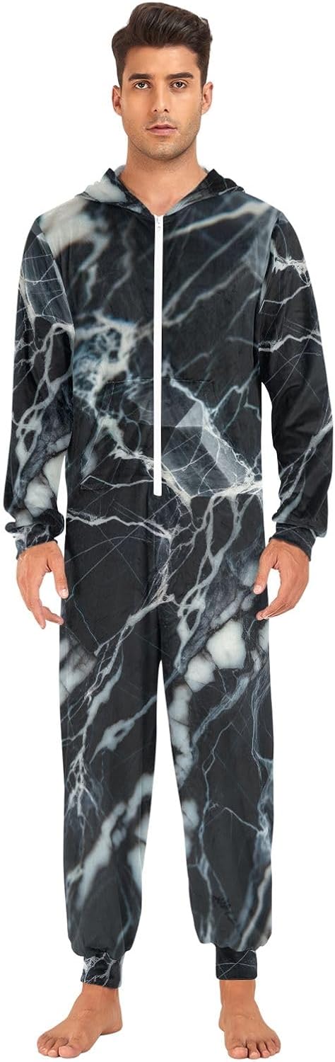 GAIREG Black Golden Marble Texture Adult Onesie Pajamas Soft Hooded One Piece Loungewear for Men Women