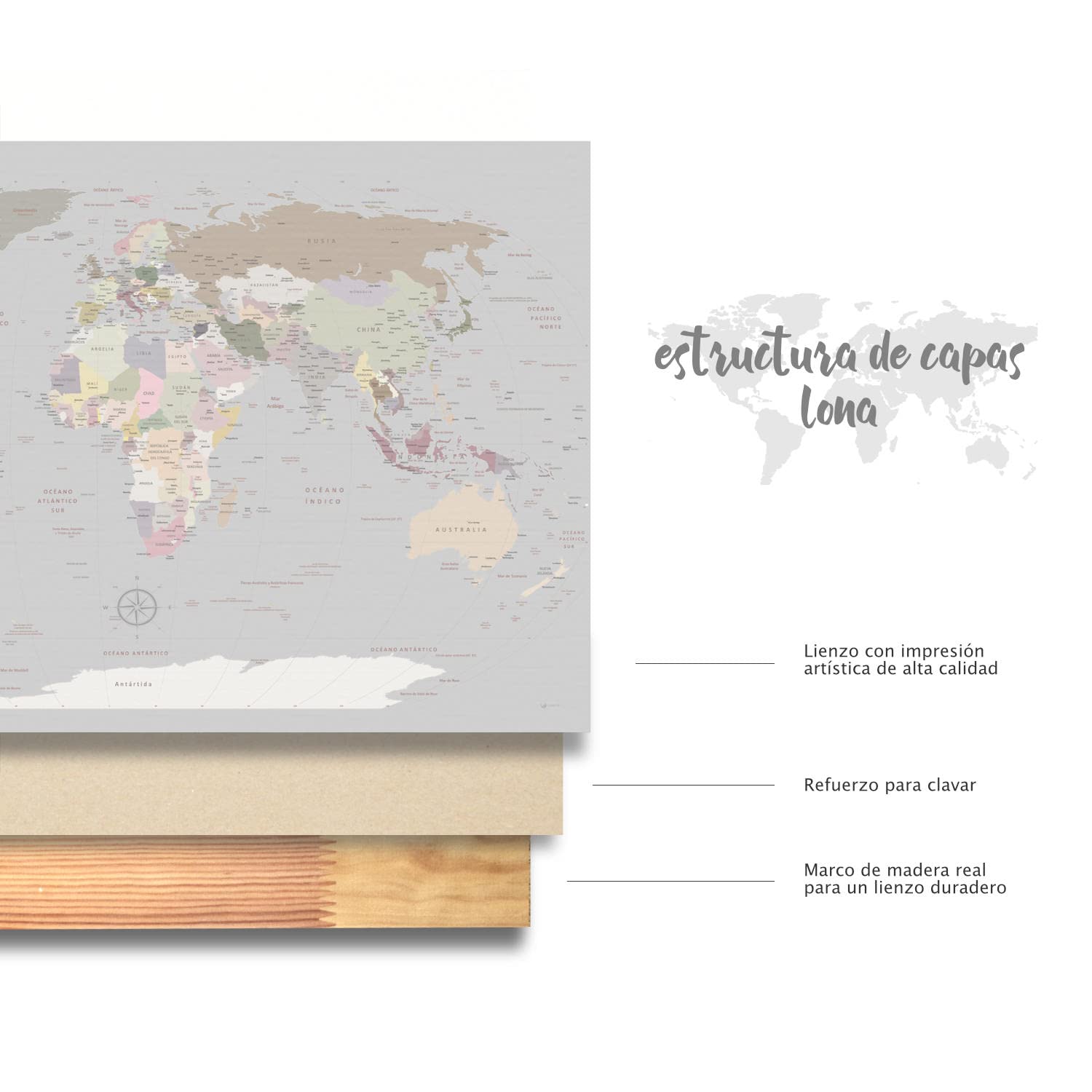 Weltkarte-Pinnwand als Leinwandbild zum pinnen der Reisen - World Map Light - spanisch - Landkarten-Wandbild Globus in grau, 100 x 70 cm