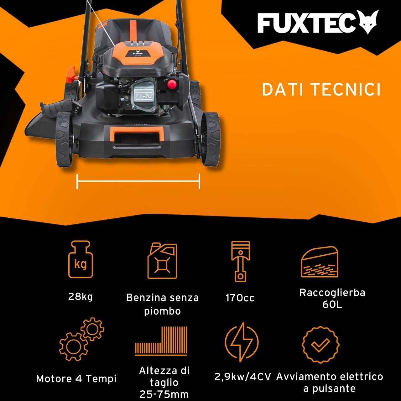 FUXTEC Tagliaerba a scoppio semovente RM5170eS 4in1-4 CV,Tosaerba a benzina 4 tempi trazionato avviamento elettrico,Larghezza di taglio 51cm - cesto raccoglierba 60L,mulching scarico laterale