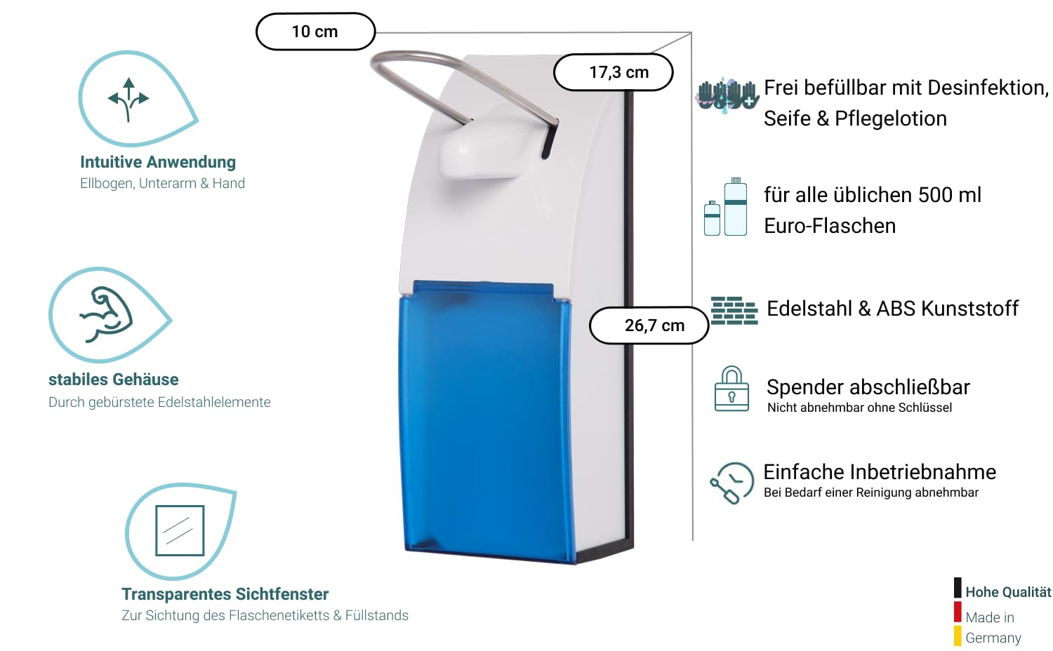 Edelstahl Armhebelspender 500 ml Blau | Edelstahl gebürstet, 500-ml-Flasche inkl., abschließbar, langlebig & robust